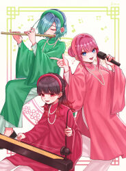  3girls :d absurdres alternate_costume alternate_hairstyle aqua_hair baio_rin black_hair black_shoes blue_eyes blue_hair china_dress chinese_clothes chinese_new_year closed_eyes commentary dress english_commentary flute gradient_hair green_dress green_hairband hair_bun hair_up hairband highres holding holding_microphone instrument instrument_request jewelry jjum_pp kimi_no_koto_ga_dai_dai_dai_dai_daisuki_na_100-nin_no_kanojo long_hair long_sleeves looking_at_viewer microphone multicolored_hair multiple_girls music musical_note nakaji_uto necklace open_mouth pearl_necklace pink_dress pink_hair playing_flute playing_instrument plectrum red_eyes red_hair red_hairband saiki_himeka sharp_teeth shoes single_hair_bun smile teeth wide_sleeves 