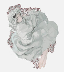  1girl alien_stage artist_name barefoot black_hair bonnet commentary dress ewltrqat flower long_sleeves official_alternate_costume short_hair solo sua_(alien_stage) white_background white_bonnet white_dress white_flower 