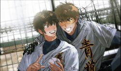  2boys ace_of_diamond ball baseball_(object) baseball_uniform black_hair brown_eyes brown_hair commentary compression_shirt eye_contact hand_on_another's_shoulder heads_together highres layered_sleeves long_sleeves looking_at_another male_focus miyuki_kazuya multiple_boys nian_rt outdoors sawamura_eijun short_hair short_over_long_sleeves short_sleeves sportswear sweat untranslatable_commentary upper_body 
