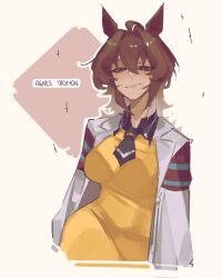  1girl agnes_tachyon_(tach-nology)_(umamusume) agnes_tachyon_(umamusume) animal_ears breasts brown_background brown_eyes brown_hair character_name closed_mouth coat commentary dress highres horse_ears horse_girl lab_coat looking_at_viewer notaxuaxi simple_background solo sweater sweater_dress umamusume white_background white_coat yellow_sweater 