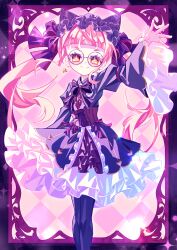  1girl absurdres animal_ears arm_up black_bow black_dress black_headdress black_thighhighs border bow cat_ears closed_mouth commentary_request dress dress_bow earrings eyelashes fake_animal_ears frilled_skirt frilled_sleeves frills glasses gothic_lolita hair_bow heart heart_earrings highres indie_virtual_youtuber jewelry kuronohanpen layered_skirt legs_together lolita_fashion long_hair long_sleeves looking_at_viewer ornate_border pink_hair pink_theme round_eyewear sasasaki_kiki short_eyebrows skirt smile solo standing star-shaped_pupils star_(symbol) symbol-shaped_pupils thigh-highs twintails underbust virtual_youtuber wide_sleeves yellow_eyes 