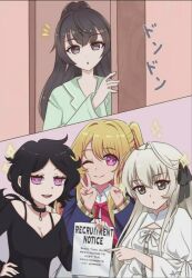 ashley_graves double_v hoshino_aquamarine kasugano_sora long_hair multiple_girls one_eye_closed oshi_no_ko pointing suou_yuki the_coffin_of_andy_and_leyley tokidoki_bosotto_roshia-go_de_dereru_tonari_no_alya-san v yosuga_no_sora