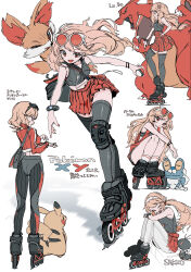 1girl absurdres blonde_hair charizard commentary_request eyewear_on_headwear fennekin hat highres inline_skates mega_ring pikachu pink_hat pokemon pokemon_(anime) pokemon_(creature) pokemon_xy pokemon_xy_(anime) red_hat red_skirt roller_skates sakumo_(hrnb0122issy) serena_(pokemon) skates skirt sleeveless sleeveless_duster sunglasses 