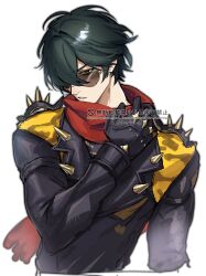  1boy absurdres black_gloves black_jacket commentary_request cropped_torso gloves green_hair highres jacket konsai_2 leather leather_jacket lighter_(zenless_zone_zero) male_focus parted_lips red_scarf scarf short_hair shoulder_spikes simple_background solo spiked_gloves spiked_jacket spikes studded_gloves sunglasses watermark white_background zenless_zone_zero 