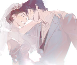  1boy 1girl breasts bridal_veil brown_hair closed_eyes dress english_commentary forehead-to-forehead formal_clothes heads_together hetero highres jacket jyan512 long_sleeves marius_von_hagen_(tears_of_themis) medium_breasts open_mouth purple_hair rosa_(tears_of_themis) simple_background smile tears_of_themis veil wedding wedding_dress white_background white_dress white_jacket 