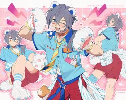  1boy :o ;d animal_ears animal_hands artist_name bear_ears belt_collar blue_eyes blue_ribbon blue_shirt blush breast_pocket buttons claws closed_mouth clothes_around_waist collar collarbone collared_shirt commentary_request diagonal-striped_clothes diagonal-striped_necktie ensemble_stars! facial_mark fake_animal_ears gloves grey_hair grid_background hair_between_eyes hair_over_shoulder hands_up heart heart_facial_mark jacket jacket_around_waist knee_pads knees_up long_hair looking_at_viewer looking_back low_ponytail lower_teeth_only lunapont male_focus microphone multicolored_necktie multiple_views necktie one_eye_closed open_mouth orange_collar paw_gloves paw_pose paw_shoes pawpads pill pink_background pocket ponytail red_shorts ribbon shiina_niki shirt short_shorts short_sleeves shorts single_knee_pad sitting smile standing star_(symbol) striped_clothes striped_necktie teeth undershirt watermark white_jacket white_shirt wing_collar yellow_necktie 