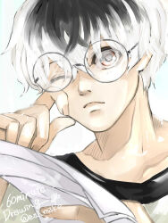  1boy black_hair commentary_request frown glasses grey_eyes hand_up highres holding holding_paper kaneki_ken looking_at_viewer male_focus multicolored_hair one-hour_drawing_challenge one_eye_closed paper portrait rimless_eyewear round_eyewear rubbing_eyes sasaki_haise shirt shishi_(eai_make) solo t-shirt tokyo_ghoul tokyo_ghoul:re twitter_username two-tone_hair white_background white_hair white_shirt 
