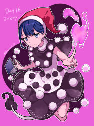  1girl aomurasaki_r blue_eyes blue_hair blush book character_name commentary doremy_sweet dress floating hat highres nightcap parted_lips pink_background pom_pom_(clothes) short_hair solo tagme tail touhou twitter_username two-tone_dress 