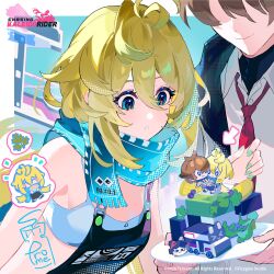  1boy 1girl absurdres bare_shoulders birthday birthday_cake blonde_hair blue_eyes blue_scarf breasts brown_hair cake car chasing_kaleidorider chibi chibi_inset commentary copyright_logo copyright_name copyright_notice crop_top english_commentary food grey_jacket hair_between_eyes highres holding holding_plate jacket logo long_hair long_sleeves looking_at_object motor_vehicle multicolored_hair nail_polish navigator_(chasing_kaleidorider) necktie no_eyes official_art plate prome_(chasing_kaleidorider) red_necktie scarf shirt short_hair sidelocks signature small_breasts smile streetwear turtleneck turtleneck_shirt urban white_shirt 