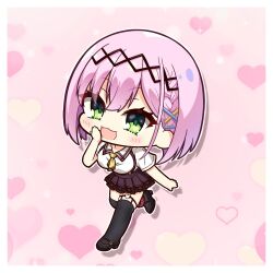  1girl :3 :d aoniku_yaris black_hairband black_shoes black_thighhighs blush bob_cut border breasts brown_skirt chibi chibi_only collared_shirt commentary_request eyelashes eyes_visible_through_hair frilled_skirt frills full_body green_eyes hair_between_eyes hairband hand_up heart heart_in_eye heart_o-ring large_breasts looking_at_viewer mary_janes medium_hair mizuka_academy_school_uniform o-ring o-ring_thigh_strap open_mouth outline pink_background pink_hair pleated_skirt school_uniform shirt shoes short_sleeves simple_background skirt smile solo suspender_skirt suspenders symbol_in_eye tanikaze_amane tenshi_souzou_re-boot! thigh-highs thigh_strap walking white_border white_outline white_shirt zettai_ryouiki 