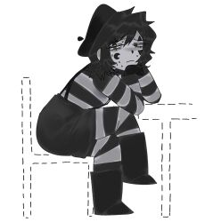  absurdres amelia_murphy_(nitonoh) beret black_hair green_eyes hat highres invisible_chair mime nitonoh original sitting striped_clothes sweat 