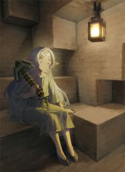  1girl =_= cave closed_eyes collarbone dress elf frieren grey_dress grey_hair highres holding holding_pickaxe lantern long_hair long_sleeves minecraft minecraft_pickaxe mining pickaxe pointy_ears quasarcake shoes sitting solo sousou_no_frieren white_dress white_hair 
