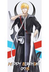  1boy 22nae2 absurdres bandages belt birthday_date black_hakama bleach border closed_mouth commentary_request feet_out_of_frame hakama hakama_pants hand_on_hilt hand_on_own_hip happy_birthday highres japanese_clothes korean_commentary kurosaki_ichigo looking_at_viewer male_focus orange_hair pants pillarboxed planted planted_sword smile solo spiky_hair standing sword weapon white_belt white_border zanpakutou 