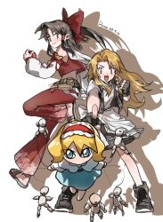  3girls aihara-rina alice_margatroid apron artist_name belt black_gloves black_skirt black_vest blonde_hair blue_dress blue_eyes bow braid brown_belt brown_eyes brown_hair capelet chinese_commentary commentary_request dated detached_sleeves dress fingerless_gloves frilled_hairband frills full_body gloves hair_bow hair_tubes hairband hakurei_reimu highres holding holding_poke_ball kirisame_marisa long_hair looking_at_viewer multiple_girls no_headwear open_clothes open_mouth open_vest pants parody poke_ball pokemon puppet_strings red_bow red_hairband red_pants shirt side_braid single_braid skirt smile touhou very_long_hair vest waist_apron white_apron white_bow white_capelet white_shirt yellow_eyes 