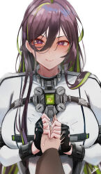  1boy 1girl absurdres black_gloves breasts brown_hair closed_mouth commander_(nikke) commentary_request doro_(nikke) fingerless_gloves gloves goddess_of_victory:_nikke green_hair guilty_(nikke) hair_between_eyes hand_grab heart heart-shaped_pupils hetero highres large_breasts long_hair looking_at_viewer multicolored_hair pov pov_hands simple_background solo_focus symbol-shaped_pupils tongue tongue_out two-tone_hair very_long_hair white_background yuka_1503 