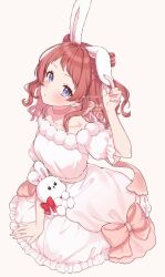  animal_ears between_legs blush cocktail_dress collarbone commentary dress fake_animal_ears from_above gakuen_idolmaster gown hanami_saki hand_between_legs hand_up highres idolmaster long_hair neck_ribbon parted_lips pom_pom_trim rabbit_ears red_hair ribbon simple_background sitting stuffed_animal stuffed_rabbit stuffed_toy untranslatable_commentary violet_eyes white_background white_dress yukina_yotsuba 