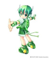  1boy backpack bag child fake_tail from_behind gachapin green_eyes green_hair green_jacket green_scales green_shoes green_shorts green_theme green_wrist_cuffs headphones hirake!_ponkikki holding holding_microphone jacket lizard_tail looking_back microphone official_art puffy_sleeves reaching ryuuto_(vocaloid) shirt shoes shorts sleeveless sleeveless_jacket sneakers tail vocaloid white_background white_shirt wrist_cuffs 