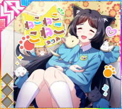  >_< 0_0 1girl :3 album_cover animal animal_ear_fluff animal_ears arms_up black_hair blue_shirt blue_skirt blush brown_cat calico_(pattern) calico_cat cat cat_ears character_name closed_eyes clothed_animal cover dot_nose feet_out_of_frame game_cg happy heart idol_wars kisaragi_yuria kneehighs knees_together_feet_apart knees_up licking licking_another's_face long_sleeves multiple_cats name_tag official_art on_floor open_mouth parted_bangs paw_print shirt sitting skirt smile smock socks solo third-party_source translated white_cat white_socks yellow_cat zzz 