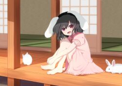  1girl absurdres animal_ears barefoot black_hair carrot_necklace commentary dress floppy_ears guminemi highres inaba_tewi jewelry looking_at_viewer medium_hair necklace open_mouth pendant pink_dress puffy_short_sleeves puffy_sleeves rabbit rabbit_ears rabbit_girl red_eyes ribbon-trimmed_dress ribbon_trim short_sleeves shouji sitting sliding_doors smile solo tatami toes touhou 