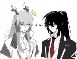  2boys ^^^ aqua_eyes arknights black_coat black_hair chengnnnan closed_mouth coat collared_shirt commentary_request earrings highres hong_lu_(project_moon) jewelry lapels limbus_company long_hair multiple_boys necktie notched_lapels project_moon red_necktie shirt sidelocks simple_background smile very_long_hair white_background white_shirt yi_(arknights) 