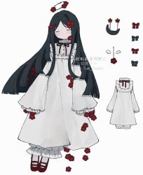  1girl black_hair blunt_ends closed_eyes commentary_request commission dress flower frills full_body hair_flower hair_ornament halo highres lilium_susan long_hair long_sleeves original parted_bangs red_flower red_shoes shoes skeb_commission sleeves_past_fingers sleeves_past_wrists solo watermark white_dress 