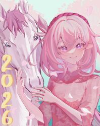  1girl 2026 alternate_costume breasts cherry_blossoms chinese_zodiac cilia_yuha_(yuhaaaaaa1232) commentary corrupted_twitter_file diamond-shaped_pupils diamond_(shape) dress elf elysia_(herrscher_of_human:_ego)_(honkai_impact) elysia_(honkai_impact) english_commentary falling_petals highres honkai_(series) honkai_impact_3rd horse long_hair medium_breasts petals pink_dress pink_hair pink_petals pointy_ears smile symbol-shaped_pupils traditional_chinese_commentary very_long_hair violet_eyes year_of_the_horse 