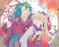  2boys archer_(fate/samurai_remnant) arm_guards black_hanfu blonde_hair branch chinese_clothes chinese_hairpin chinese_new_year closed_eyes command_spell commentary falling_petals fate/samurai_remnant fate_(series) flower green_hair grey_hair hair_ornament hanfu high_ponytail holding holding_branch hongbao lantern low-tied_sidelocks multicolored_hair multiple_boys oneroom-disco open_mouth paper_lantern petals pink_flower pink_petals plum_blossoms ponytail red_hanfu red_robe robe sidelocks smile streaked_hair tassel tassel_hair_ornament two-tone_hanfu untranslatable_commentary white_hanfu xiao_guan_(headdress) yellow_eyes zheng_chenggong_(fate) 