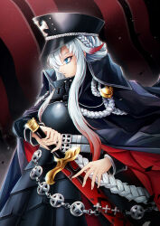  1girl armor armored_dress armored_skirt azur_lane black_cape black_hat blue_eyes braid breastplate cape coat coolnova cross dress hair_over_one_eye hat highres iron_cross long_hair long_sleeves looking_to_the_side multicolored_hair odin_(azur_lane) padded_coat peaked_cap red_hair scabbard sheath solo sword two-tone_hair upper_body weapon white_hair 