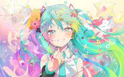  1girl 39 39_(vocaloid) absurdres ai_kotoba_ii_(vocaloid) ai_kotoba_iv_(vocaloid) ai_kotoba_v_(vocaloid) android_girl_(vocaloid) animal_(vocaloid) aqua_eyes aqua_hair aqua_necktie bandaid bandaid_on_neck bare_shoulders blue_planet_(vocaloid) blush collared_shirt crayon detached_sleeves drop_symbol flower ghost_rule_(vocaloid) green_hair green_nails grin hair_between_eyes hair_flower hair_ornament hairclip hao_(vocaloid) hatsune_miku hatsune_miku_(vocaloid4) hibana_(vocaloid) highres long_hair looking_at_viewer monitoring_(vocaloid) mousou_kanshou_daishou_renmei_(vocaloid) mukashi_mukashi_no_kyou_no_boku_(vocaloid) multicolored_hair multicolored_nails nail_polish necktie neenya_(deco27) nisoku_hokou_(vocaloid) number_tattoo official_art ojama_mushi_ii_(vocaloid) omutatsu photo_(object) pinky_out rabbit_hole_(vocaloid) red_nails sad_girl_sex_(vocaloid) shirt shoulder_tattoo sleeveless sleeveless_shirt smile solo songover streaming_heart_(vocaloid) string string_of_fate tattoo telepathy_(vocaloid) twintails upper_body v4x vampire_(vocaloid) very_long_hair vocaloid yumeyume_(vocaloid) zombie_(vocaloid) 
