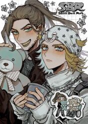  2boys blonde_hair blue_eyes brown_hair chibi closed_mouth cup gold_teeth green_lips grid_teeth gyro_zeppeli hat highres holding holding_cup horseshoe jewelry johnny_joestar jojo_no_kimyou_na_bouken multiple_boys neg_50asu ponytail ring shirt short_hair steel_ball_run stuffed_animal stuffed_toy teddy_bear white_hat white_shirt 
