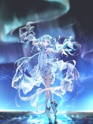  1girl absurdres aqua_hair arm_up aurora ballerina ballet_slippers bare_shoulders breasts commentary_request dress full_body gramophone_miku gramophone_miku_(frostflower) hair_between_eyes hair_ornament hatsune_miku highres long_hair looking_at_viewer miku_symphony_(vocaloid) mochi_upamo night outdoors small_breasts solo strapless strapless_dress tutu twintails very_long_hair vocaloid white_dress 