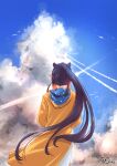  1girl clouds cloudy_sky dress from_behind highres hololive hololive_english long_hair ninomae_ina&#039;nis ponytail purple_hair raincoat sky solo takomonty very_long_hair violet_(ninomae_ina&#039;nis) virtual_youtuber 