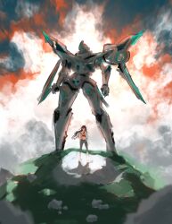  1girl absurdres black_hair boots commentary crop_top eiyuu_densetsu emilia_harling english_commentary excalibur_(eiyuu_densetsu) helmet highres holding holding_unworn_helmet jacket kai_no_kiseki kuro_no_kiseki_(series) long_hair mecha midriff motorcycle_helmet multicolored_hair navel open_clothes open_jacket r_thors red_hair robot solo streaked_hair two-tone_hair unworn_headwear unworn_helmet white_boots 