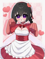  1girl alt_0218 alternate_costume black_hair braid dress glasses highres kirby_(series) kirby_64 long_hair looking_at_viewer low_twin_braids maid ripple_star_queen simple_background sleeves_past_fingers sleeves_past_wrists twin_braids violet_eyes wings 