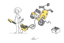  1girl absurdres amplifier barefoot cable commentary electric_guitar floating floating_object from_side greyscale guitar highres holding holding_guitar holding_instrument instrument kaduise looking_back monochrome motor_vehicle no_pants original scooter shirt short_hair short_sleeves signature solo spot_color standing t-shirt 