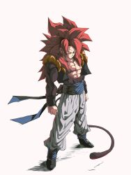  1boy absurdres blue_eyes blue_sash body_fur commentary_request dragon_ball dragon_ball_gt gogeta highres long_hair looking_at_viewer male_focus metamoran_vest monkey_boy monkey_tail muscular muscular_male pants pato007711 pectorals red_hair saiyan sash solo spiky_hair super_saiyan super_saiyan_4 tail vest white_pants 