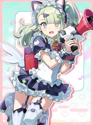  1girl absurdres animal_ear_hairband animal_ears aqua_background bell black_dress black_garter_straps blush border cat_ear_hairband cat_ears commentary_request dress earrings fake_animal_ears frilled_dress frilled_sleeves frills garter_straps ghost_hair_ornament green_eyes green_hair green_nails hair_ornament hairband heart heart_earrings heart_hair_ornament highres holding holding_megaphone iruiru_popopo jewelry looking_at_viewer maid maid_headdress megaphone multiple_hair_clips musical_note neck_bell official_alternate_costume open_mouth pink_border ponytail red_bag solo sunna_(afternoon_tea_break)_(zenless_zone_zero) sunna_(zenless_zone_zero) white_wings winged_bag wings zenless_zone_zero 