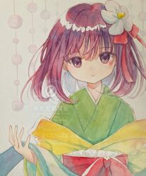  1girl commentary_request flower green_kimono hair_flower hair_ornament hand_up hieda_no_akyuu highres japanese_clothes kimono looking_at_viewer obi painting_(medium) parted_lips purple_hair red_sash sash short_hair solo touhou traditional_media upper_body utako_(kuromosuki) violet_eyes watercolor_(medium) watermark yellow_kimono 