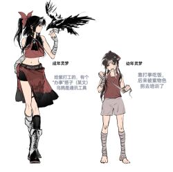  1girl aged_down aihara-rina alternate_costume ascot bandage_in_mouth bandaged_hand bandaged_leg bandages belt bird bird_on_hand black_ascot black_bird black_shorts black_socks boots bow brown_belt child chinese_commentary chinese_text commentary_request crow full_body hair_bow hakurei_reimu highres kneehighs knife lace-up_boots midriff navel ponytail red_bow red_shirt sheath sheathed shirt shorts sleeveless sleeveless_shirt socks thigh_sheath toes touhou translation_request weapon_in_garters white_boots white_shorts 