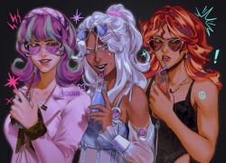  ! 3girls :d aegyo_sal alternate_skin_color bare_arms bare_shoulders behind_another black_background black_bow black_bowtie black_camisole black_nails blonde_hair blue-tinted_eyewear blue_camisole blue_eyes blue_hair blue_lips blue_nails bow bow_camisole bowtie breasts brown-framed_eyewear brown-tinted_eyewear camisole chain chain_necklace clenched_teeth collarbone colored_eyelashes commentary corset cup curtained_hair dark-skinned_female dark_skin detached_sleeves double-parted_bangs drinking_straw drinking_straw_in_mouth earrings english_commentary eyebrow_piercing eyewear_on_head face_piercing fingernails frilled_sleeves frills fur-trimmed_sleeves fur_trim gem glass green_gem grey-framed_eyewear grin hair_between_eyes hair_ornament hair_over_shoulder hair_scrunchie hairband hairclip hand_up heart heart-shaped_eyewear highres holding holding_cup jacket jewelry kouxhii lace lapels lightning_bolt_symbol long_sleeves looking_at_viewer medium_hair multicolored_hair multiple_girls my_little_pony my_little_pony:_equestria_girls my_little_pony:_friendship_is_magic nail_polish necklace notched_lapels open_mouth orange_lips parallel_hairclips piercing pink_eyes pink_hairband pink_jacket pink_lips pink_scrunchie plaid_hairband ponytail puffy_long_sleeves puffy_sleeves purple-tinted_eyewear purple_gem purple_hair realistic red_hair red_pupils scrunchie see-through_clothes see-through_sleeves shirt sidelocks silver_earrings simple_background small_breasts smile sparkle starlight_glimmer starlight_glimmer_(equestria_girls) streaked_hair sunglasses sunset_shimmer sunset_shimmer_(human) swept_bangs teeth thick_eyebrows tinted_eyewear trixie_lulamoon trixie_lulamoon_(equestria_girls) tsurime twitter_username two-tone_hair v-shaped_eyebrows wavy_hair white_bow white_corset white_eyelashes white_hair white_shirt white_sleeves 