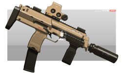  absurdres commentary_request grey_background gun h&amp;k_mp7 highres iwasawayuki no_humans object_focus original submachine_gun suppressor two-tone_background watermark weapon white_background 