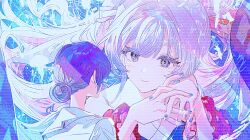  2girls bare_shoulders blade_runner_(series) blade_runner_2049 blush cho_kaguya-hime! closed_mouth commentary_request floating_hair grey_eyes hair_bun hair_rings highres interlocked_fingers korean_commentary looking_at_another meme multiple_girls own_hands_together parody purple_hair runami_yachiyo sailor_collar sakayori_iroha sanya_(hwanmul) school_uniform serafuku shirt short_hair single_hair_bun smile twintails white_hair white_sailor_collar white_shirt you_look_lonely_(meme) 