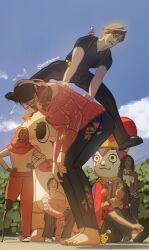  1boy artist_name bayonetta bayonetta_(series) beehive_hairdo blonde_hair crossover glasses happy highres hiroshi_(hiiroshiiii) jumping leon_s._kennedy midair multiple_girls resident_evil resident_evil_4 resident_evil_4_(remake) signature tall_female twitter_username 