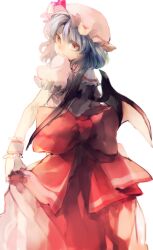  1girl asuna_(i_luv) back_bow bat_wings bloom blurry bow depth_of_field frilled_sleeves frilled_wrist_cuffs frills hat large_bow looking_at_viewer looking_back mob_cap parted_lips protected_link puffy_short_sleeves puffy_sleeves red_bow red_eyes remilia_scarlet short_hair short_sleeves simple_background skirt_hold slit_pupils solo touhou white_background wings wrist_cuffs 