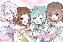  4girls aqua_choker aqua_hair bang_dream! bang_dream!_girls_band_party! blue_bow blue_shirt blush bow braid breasts brown_eyes brown_hair choker closed_eyes commentary_request detached_sleeves green_bow green_shirt hazawa_tsugumi highres hikawa_hina idol idol_clothes medium_breasts medium_hair meu203 multiple_girls one_eye_closed open_mouth purple_bow shirt side_braids simple_background strapless strapless_shirt twin_braids upper_body wakamiya_eve white_background white_hair white_shirt wrist_bow yamato_maya yellow_shirt 