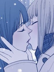  2girls aria_(vampeerz) blue_theme closed_eyes hands_on_another's_face higashiyama_shou ichika_(vampeerz) kiss long_hair multiple_girls scarf snowing vampeerz yuri 