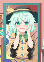  1girl absurdres black_hat blush collared_shirt commentary_request eyeball frilled_shirt_collar frilled_sleeves frills green_eyes green_hair guminemi hands_on_own_cheeks hands_on_own_face hat hat_ribbon highres komeiji_koishi long_sleeves looking_at_mirror mirror open_mouth reflection ribbon shirt solo third_eye touhou wide_sleeves yellow_ribbon yellow_shirt 