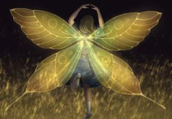  1girl animification arms_up blue_dress blurry blurry_background boots braid brown_hair butterfly_wings circle_arms commentary dress from_behind full_body hancho_1021 highres insect_wings leg_up long_hair love_live! love_live!_sunshine!! mitaiken_horizon real_life short_sleeves single_braid solo takatsuki_kanako voice_actor white_boots wings yellow_background yellow_wings 