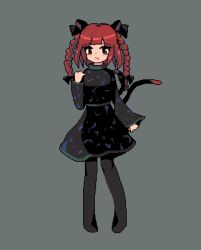  1girl animal_ears black_dress black_ribbon blunt_bangs blush braid cat_ears cat_tail commentary_request dress full_body grey_background hair_ribbon highres kaenbyou_rin kulou_d long_hair looking_at_viewer multiple_tails open_mouth pixel_art red_eyes red_hair ribbon side_braids simple_background solo standing tail touhou twin_braids two_tails 
