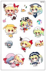  !? 3girls :3 alternate_costume alternate_hair_color alternate_headwear alternate_wings anchor animal_on_head apron ascot baby_animal ball bat_wings bird black_hat blonde_hair blue_hair blue_hat blue_shirt blush bow braid chibi chibi_only chick closed_mouth clown clown_nose collared_shirt commentary conch cross-shaped_pupils crystal crystal_wings dress english_commentary flandre_scarlet food gradient_hair green_bow green_hair grey_hair hair_between_eyes hair_bow hat hat_ribbon highres holding holding_knife izayoi_sakuya jester_cap knife laevatein_(touhou) long_hair maid maid_headdress mob_cap multicolored_hair multicolored_wings multiple_girls musical_note on_head one_eye_closed one_side_up pink_hat plate pudding red_eyes red_skirt red_vest remilia_scarlet ribbon sailor_hat shaded_face shirt siblings sisters skirt skirt_set smile sp0i0ppp spoken_interrobang spoon stopwatch symbol-shaped_pupils touhou tray twin_braids two-tone_hat vest waist_apron white_dress white_hat white_shirt wings yellow_ascot yellow_dress yellow_hat 